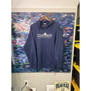 Vintage faded Carhartt Mens Navy Blue cut collar Hoodie XL